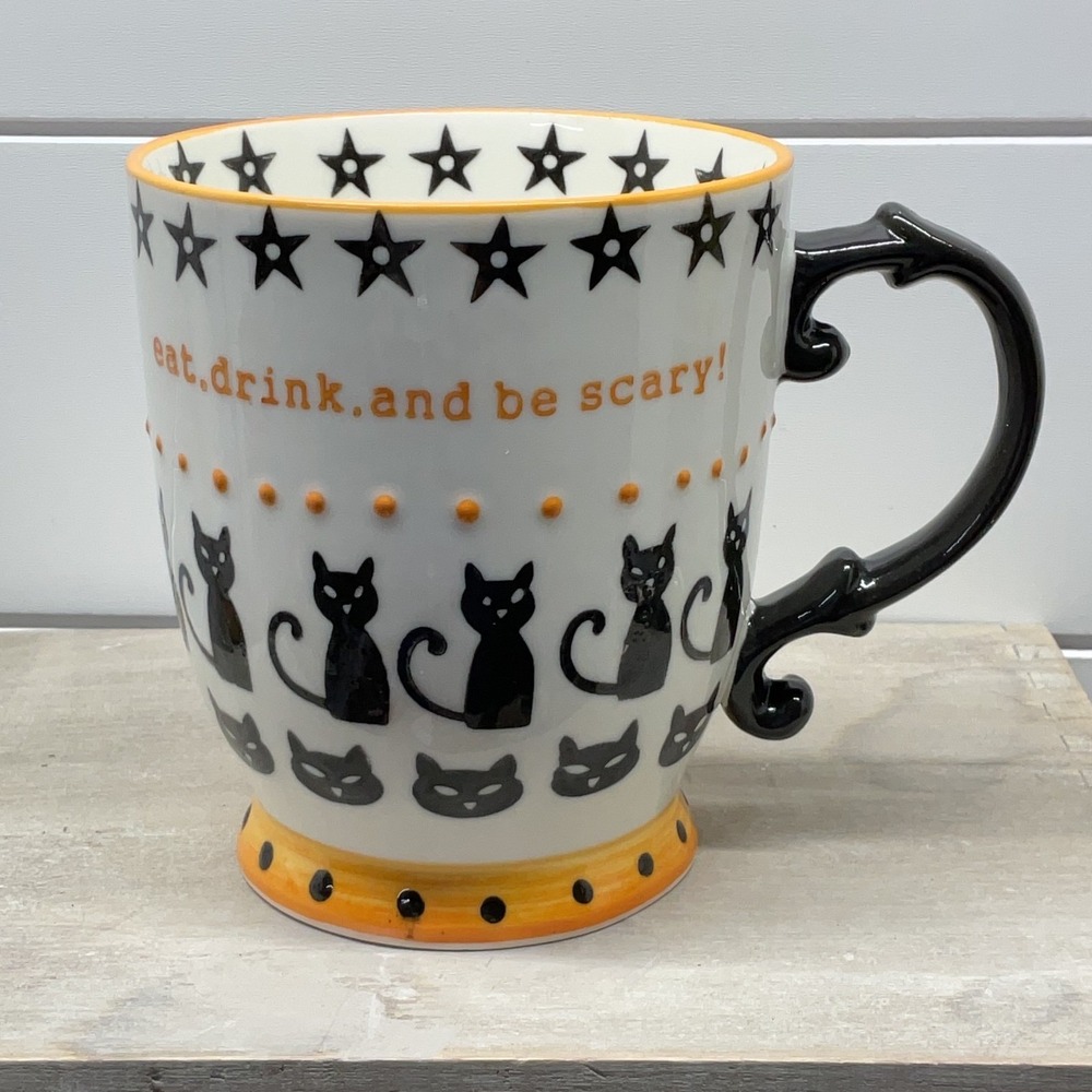 Belle Maison Artisan Collection Halloween Mug Black Cat Stars Eat Drink Be Scary
